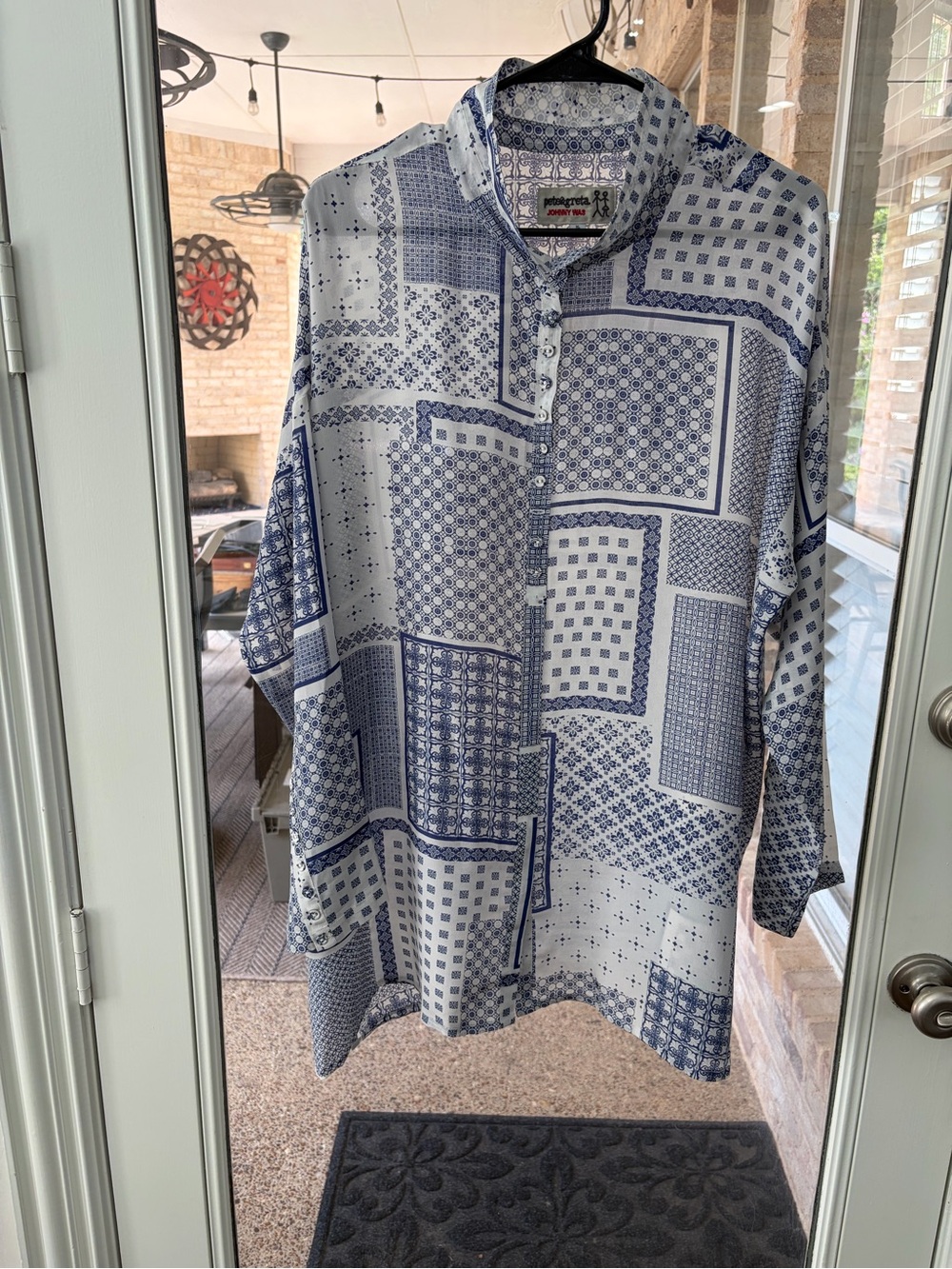 Johnny Was Petite & Greta XL 100% Silk Blue White Patchwork Tunic Top